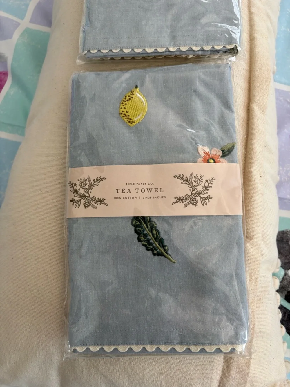 Rifle Paper Co. Light Blue Fruit & Floral Embroidered Tea Towel New In Package